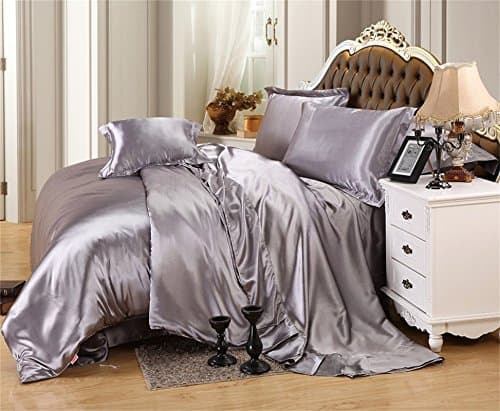 MOONLIGHT BEDDING Luxurious Ultra Soft Silky Satin (1 Comforter Cover, 2 Pillowcases & 1 Fitted Sheet) 4-Piece Duvet Cover Set with Fitted Sheet Cal-King, Silver Grey