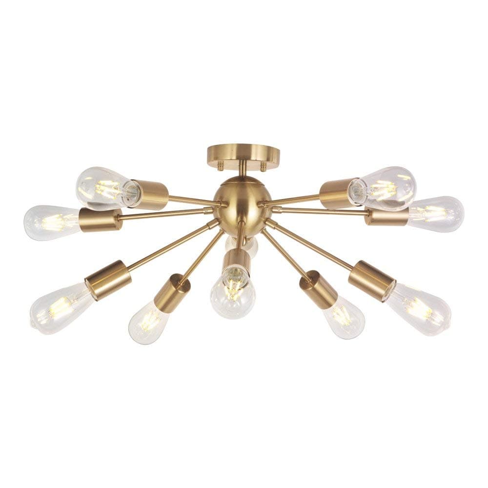 Modern Sputnik Chandelier Lighting 10 Lights Brushed Brass Semi Flush Mount Ceiling Light Gold Mid Century Pendant Lighting by BONLICHT