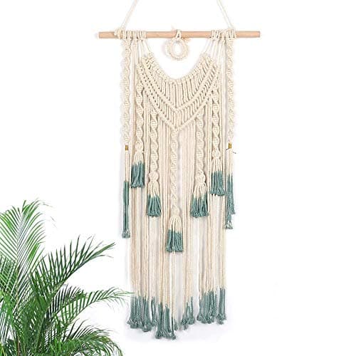 Alynsehom Macrame Wall Hanging Green and Beige Woven Tapestry Boho Chic Tassels Pendant Hippie Bohemian Wall Art Bedroom Living Room Dorm Backdrop Home Decorations, 33"x 18"(Green&Beige)