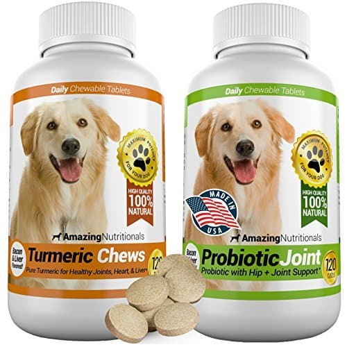 Amazing Combo Dog Turmeric and Probiotics for Dogs - Pure All-Natural Pet Antioxidant - Promotes Shiny Coat, Brain Health, Eliminates Diarrhea Gas and Joint Pain, 120 Tasty Chews x 2