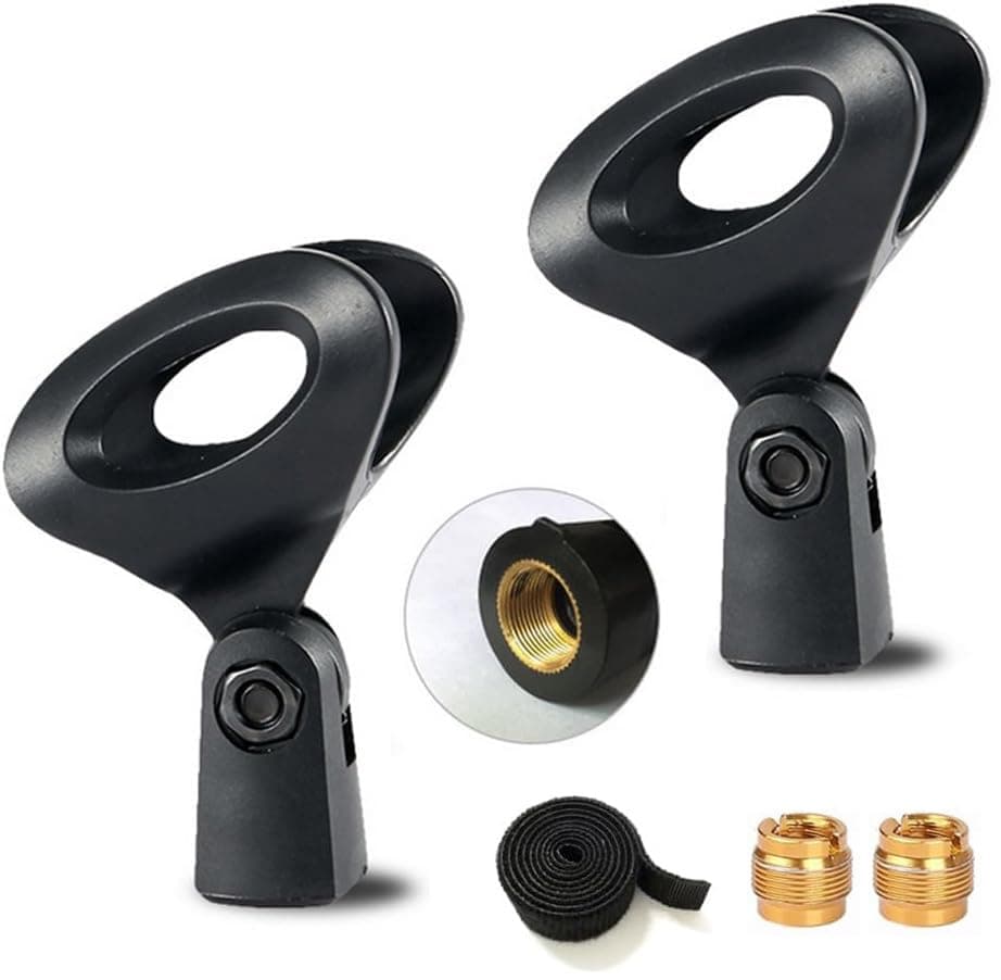 Universal Microphone Clip Mic Holder with 5/8" Male to 3/8" Female Thread Metal Screw Adapters and Fastening Cable Straps for Microphone Stand, Handhold Microphone - 2 Pack
