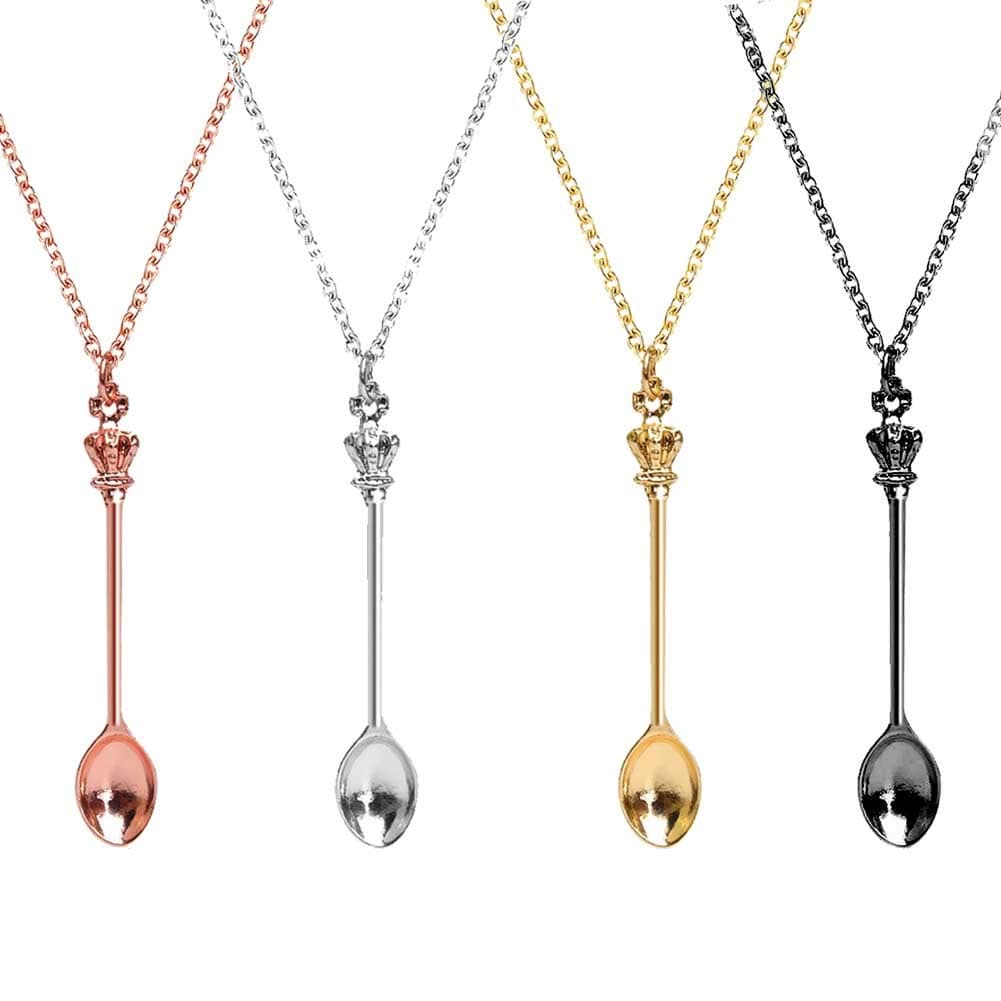 Spoon Necklace Set Mini Charms Ket Necklace Small Spoon Tiny Little Scoop Teaspoon Metal Crown Pendant Long Chain Home Supplies for Women Girl Jewellery Party Gift