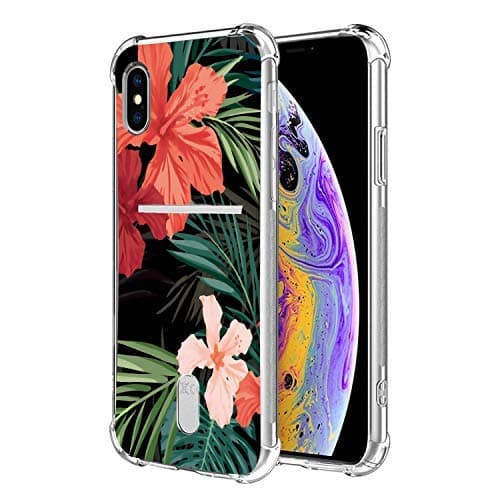 ANHONG iPhone X/Xs Floral Case with Card Holder, [Wireless Charger Compatible] Protective Soft TPU Shock-Absorbing Bumper Flower Case with Soft Screen Protector, Compatible iPhone X/Xs