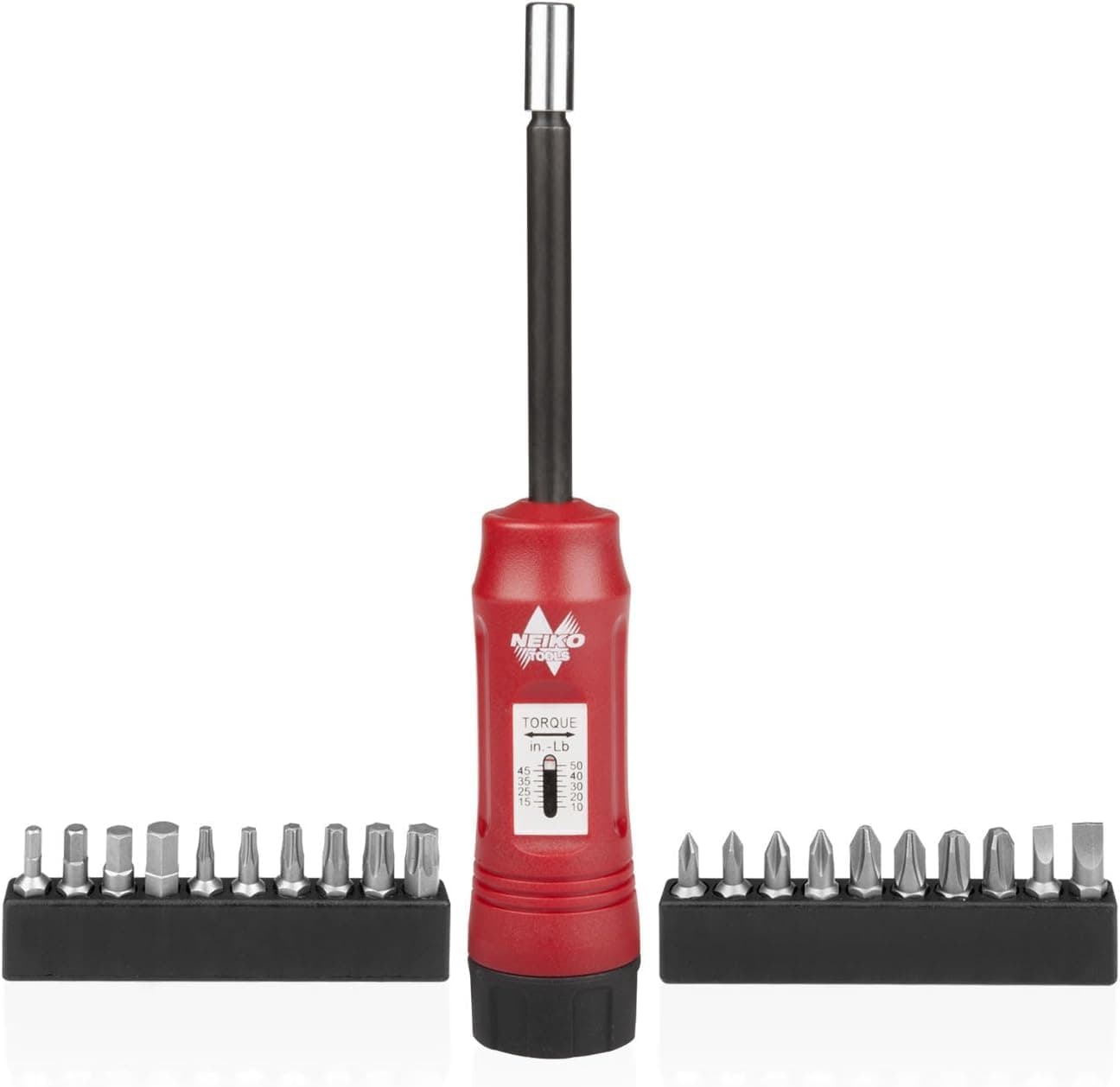 Neiko 1/4” Torque Screwdriver Set, 10-50 In-Lbs, Long Shank, Pull-Turn-Lock Handle, 20 Hex Bits, Gunsmith & HVAC Use