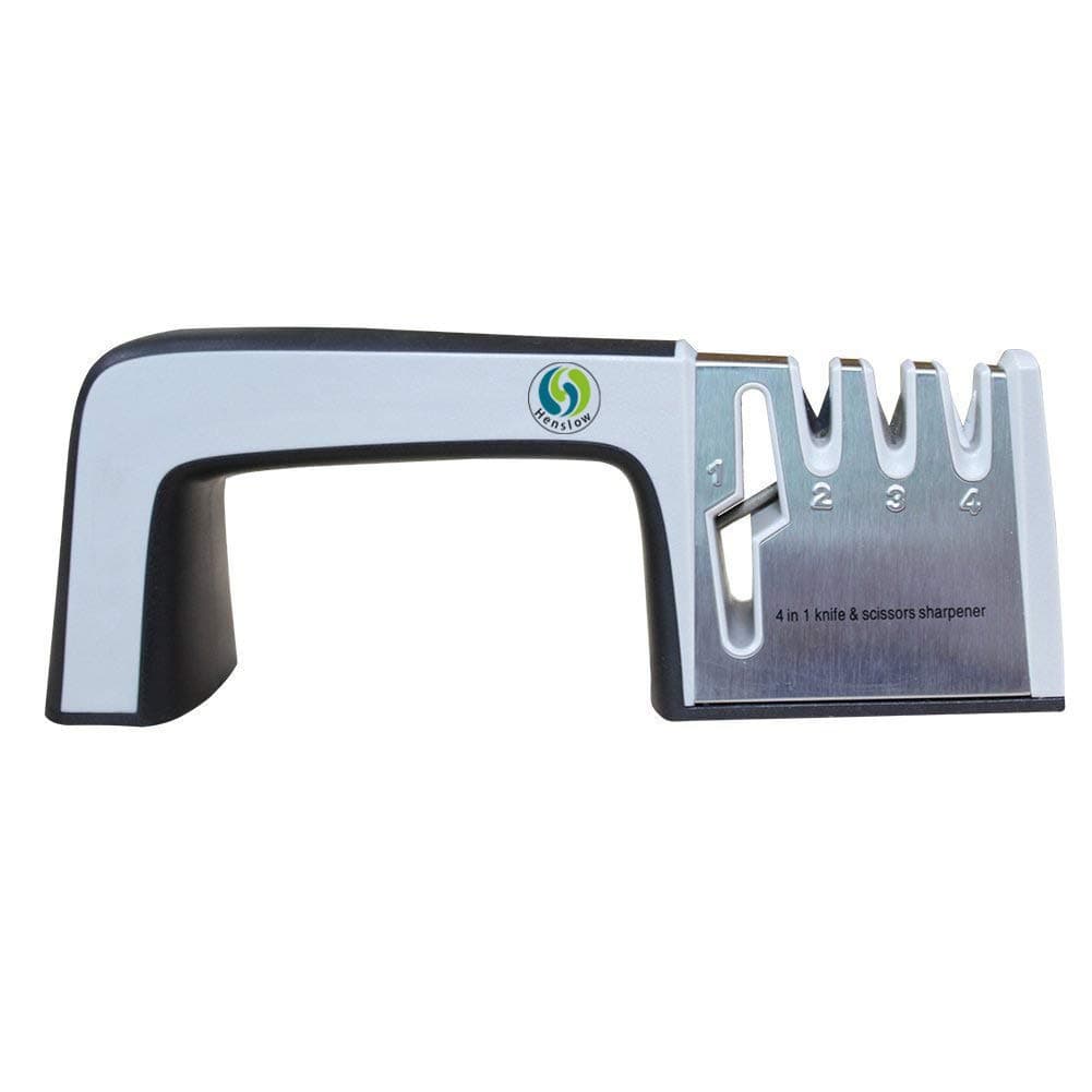 Henslow Knife Sharpener Is 4 In 1 Multi-Functional Knife Sharpening System—— 1 Scissor Sharpening System & Professional 3 Stage Sharpening System , 5 Seconds To Restore A Sharp Knife.