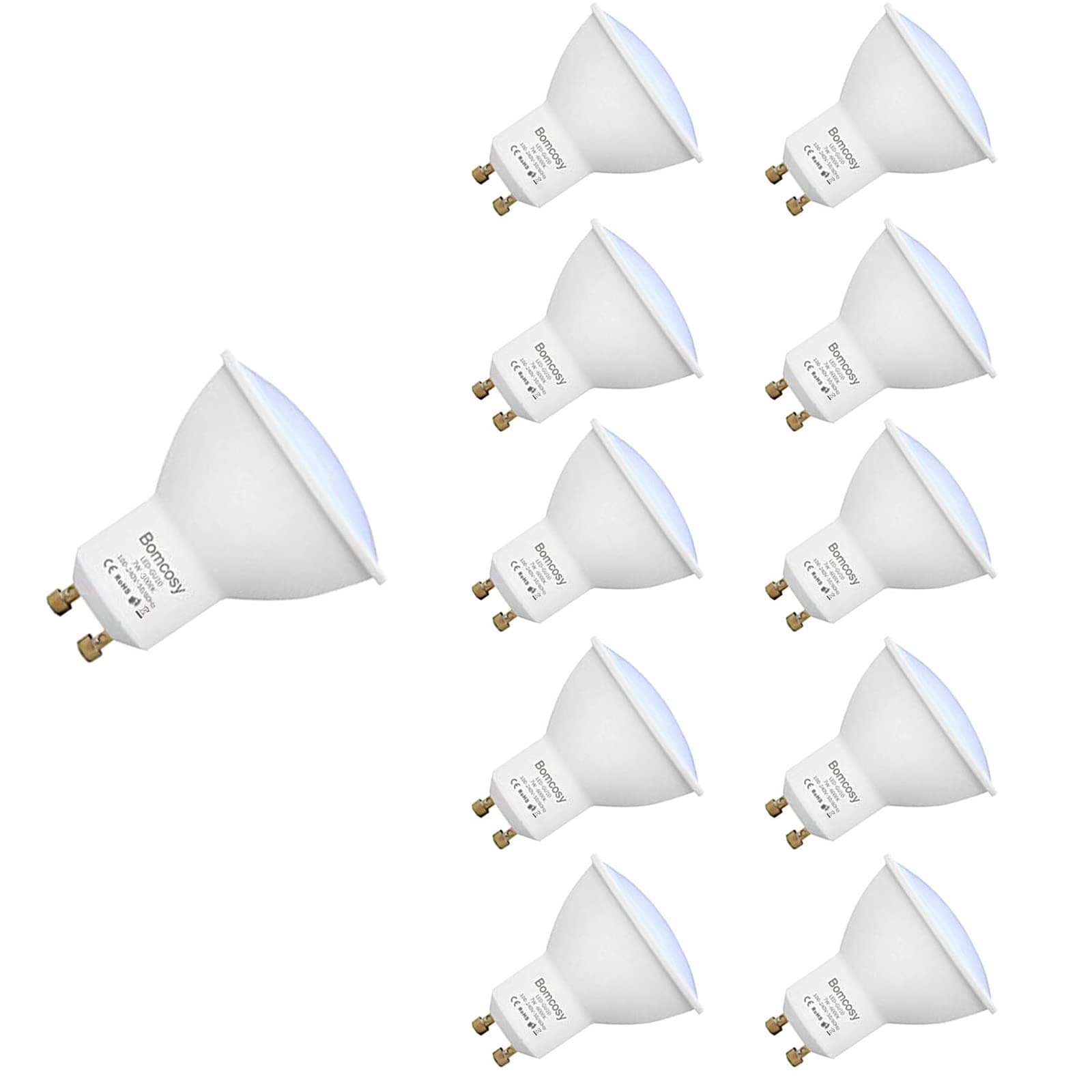 Bomcosy GU10 Led Light Bulbs, Warm White 3000K, 60W Halogen Bulb Equivalent, 7W, Bright 600 Lumens, 49mm, 120 Degree Beam Angle, Pack of 10