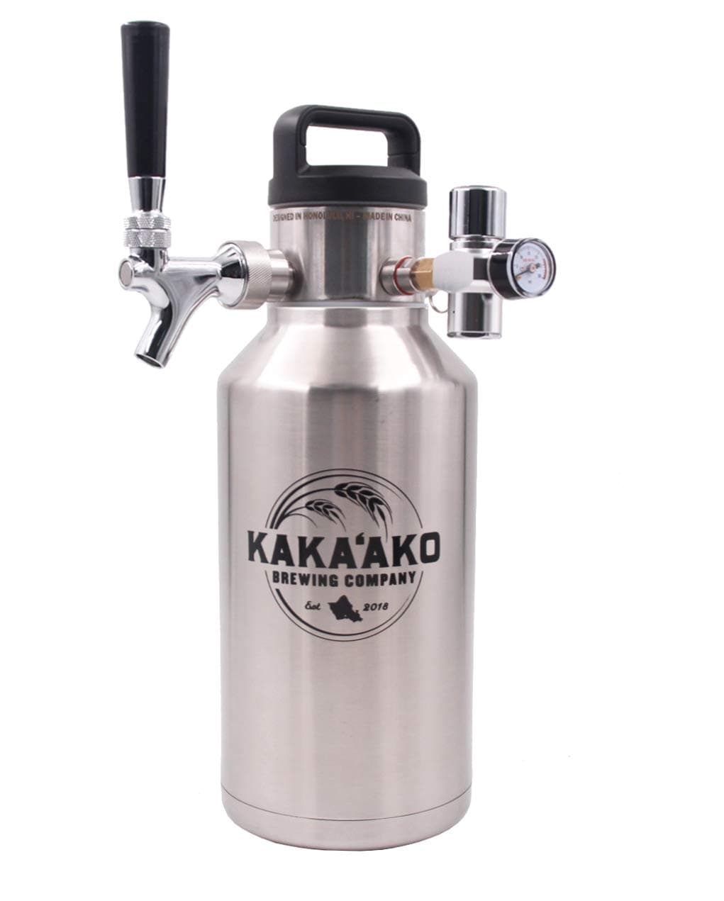 Kakaako Brewing Co - 64 oz Pressurized Growler and Dispenser Tapping System with CO2 Regulator and Faucet with Tap for Fresh Craft Beer, Homebrew, Coffee, Vacuum Insulated (w/Standard Faucet)