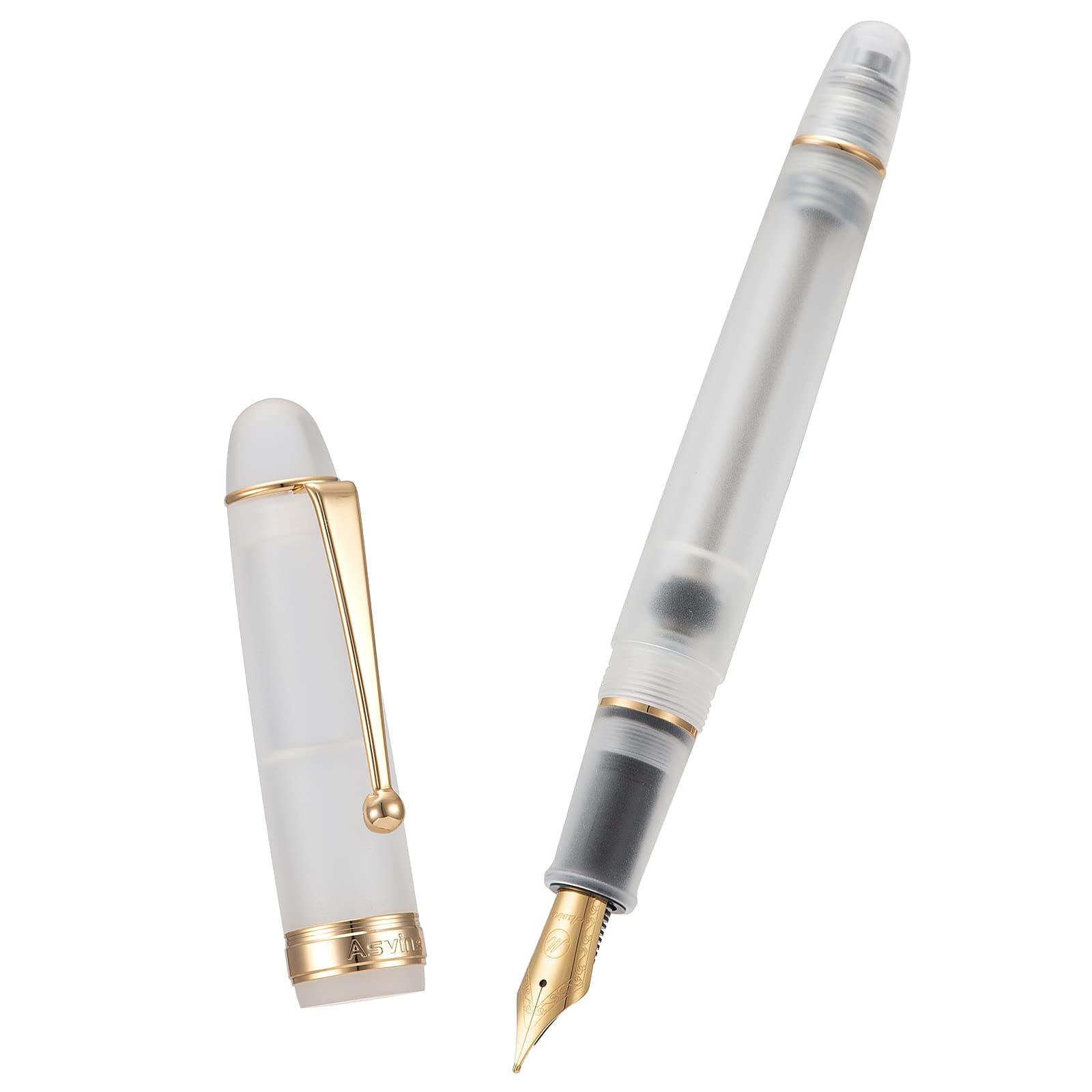 Asvine V126 Vacuum Filling Fountain Pen Extra Fine Nib, Frosted Transparent Clear Acrylic, Large-Capacity with Gift Case