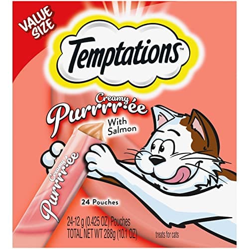 Temptations Creamy Puree Squeezable Lickable Cat Treats, Wet Cat Treats with Salmon, 0.42 oz. Tubes, 24 Count - Packaging May Vary