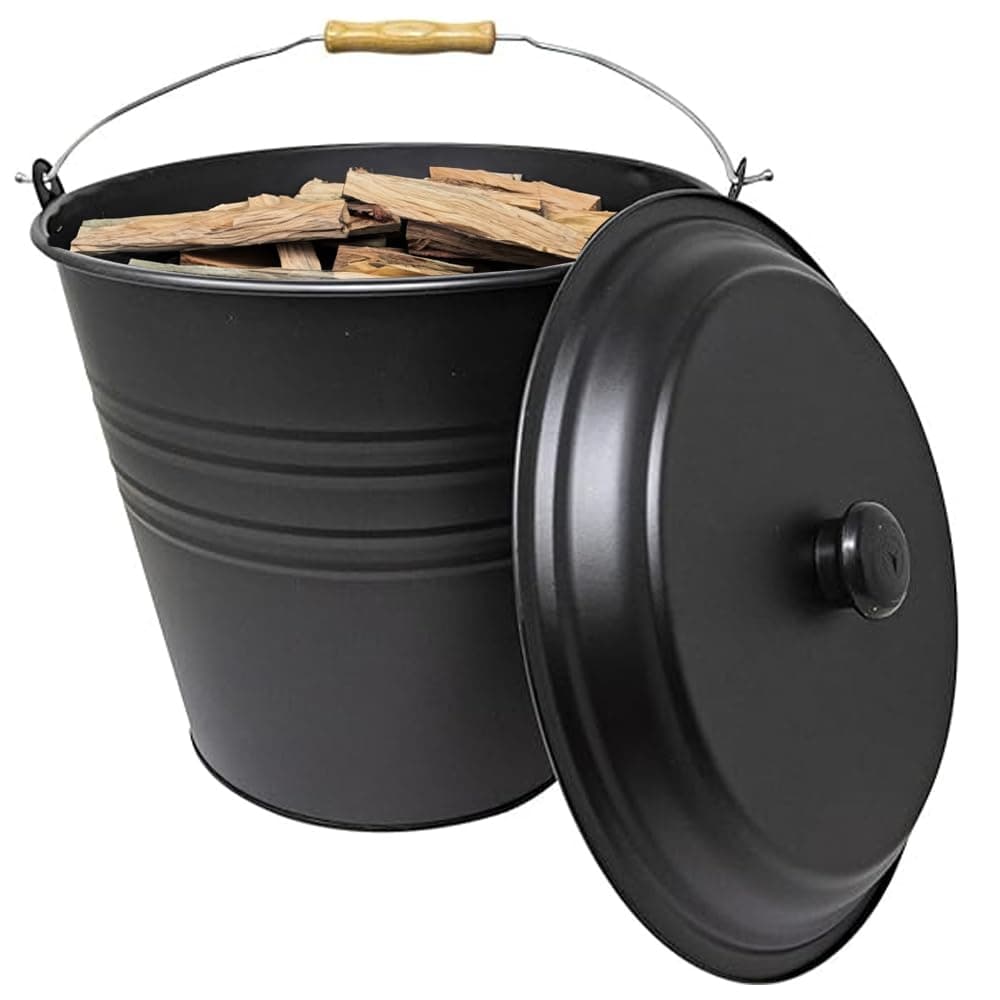 12 Litre Black Metal Ash Bucket - Wooden Handle Fireplace Container Coal Storage, Wooden Handle & Lid Handle | Log Holder | Living Room, Fireplace, Fire Pit Wood Burning Stove Bin, Includes Lid
