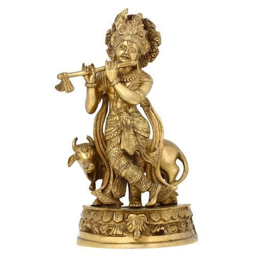 Astadhatu (8 Metals) Made Krishna Statue Cow/Krishna Cow Brass Idol/Shri Krishna Cow Brass Idol- Vrindavan (6 cm)