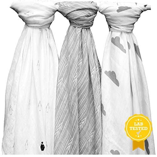 Breathable Muslin Baby Swaddle Blankets, Penguins + Arrows + Clouds, Unisex 3-Pack Gauze Blankets, White & Grey Designs, 47”x47” Soft Bamboo Viscose + Cotton, The Timeless Newborn Gift by Yelo Pomelo