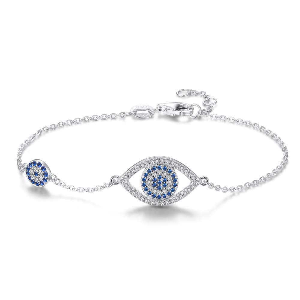 Blue Evil Eyes Link Bracelet Sterling Silver 925 Cubic Zirconia Chain Adjustable 7"