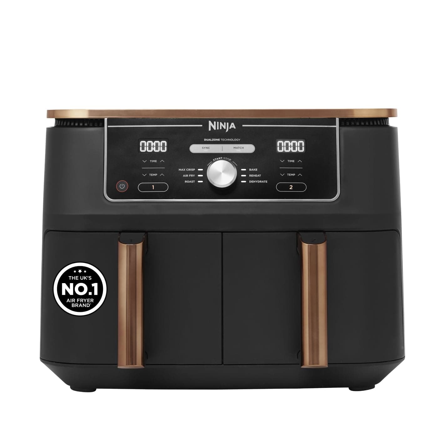 Ninja Foodi MAX Dual Zone Air Fryer, Amazon Exclusive, Tongs, 2 Drawers, 9.5L, 6-in-1, Use No Oil, Air Fry, Max Crisp, Roast, Bake, 8 Portions, Nonstick Dishwasher Safe Baskets, Copper/Black AF400UKCP