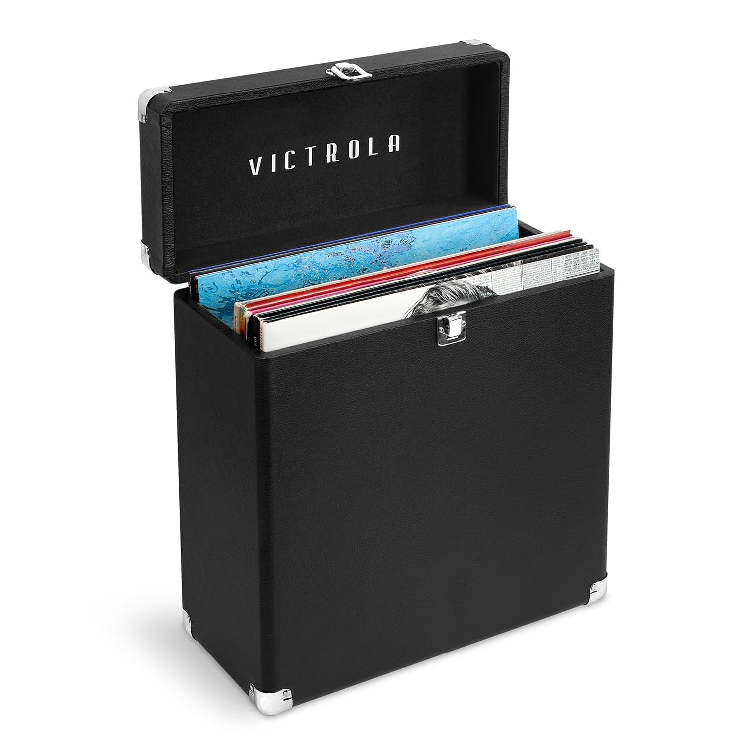 Victrola Collector – Record Storage Case – Holds 30+ Vinyl Turntable Records, Heavy-Duty Hardware, Hinges, & Smart Metal Corners, Portable with Easy-Carry Handle (Black)