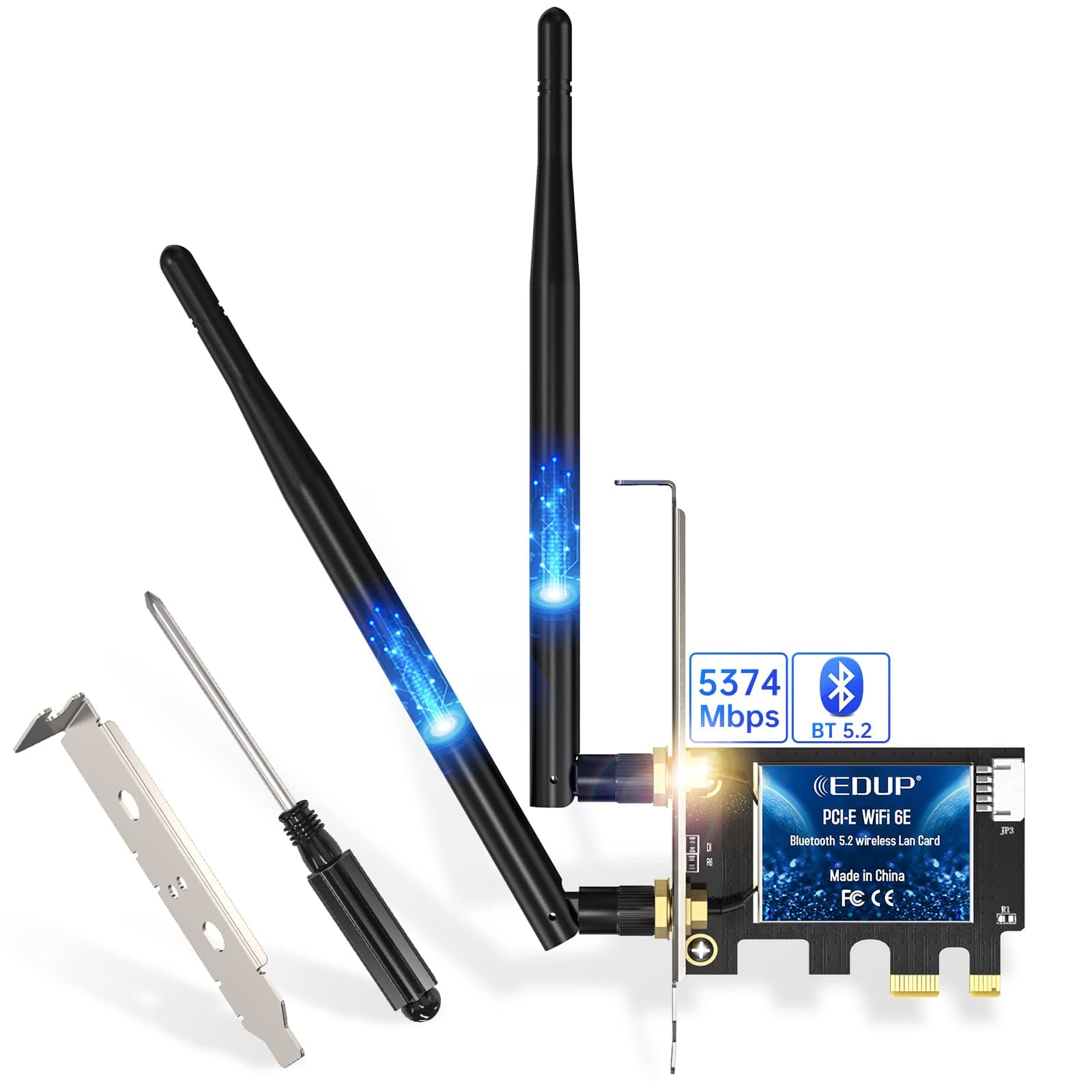EDUP PCIe WiFi 6E Card Bluetooth 5.2 AX 5400 Mbps AX210 Tri-Band 6Ghz/5.8GHz/2.4GHz PCI-E Wireless WiFi Network Adapter Card for Desktop PC Windows10/11 64-bit