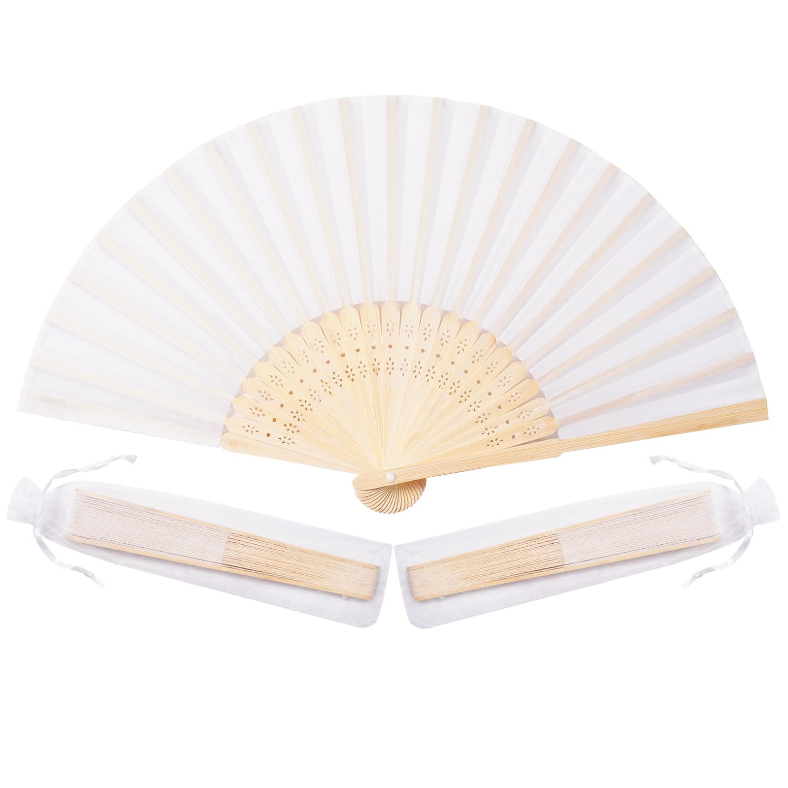 Sepwedd 50pcs White Imitated Silk Fabric Bamboo Folded Hand Fan Bridal Dancin...