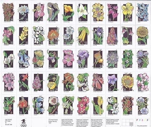 Wildflowers (Sheet of 50) 29 Cent US Postage Stamps 1992 Scott 2647-2696
