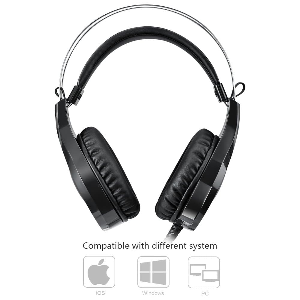 NUOXI N1 Gaming Headset,3.5mm Wired Bass Stereo Noise Isolation with Microphone 7 Colour Breathing LED Lighting Headphone for PC Computer Games Black