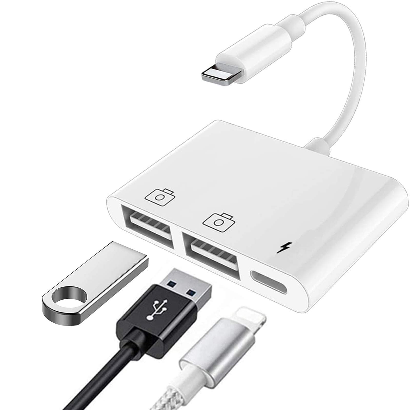 Lightning to USB3 Camera Adapter, Dual USB Female OTG Cable Converter Portable USB Connector with Charging Port Compatible iPhone12,11,X,8,7,iPad,USB Drive,MIDI Keyboard,USB Ethernet Adapter,Hub,Mouse