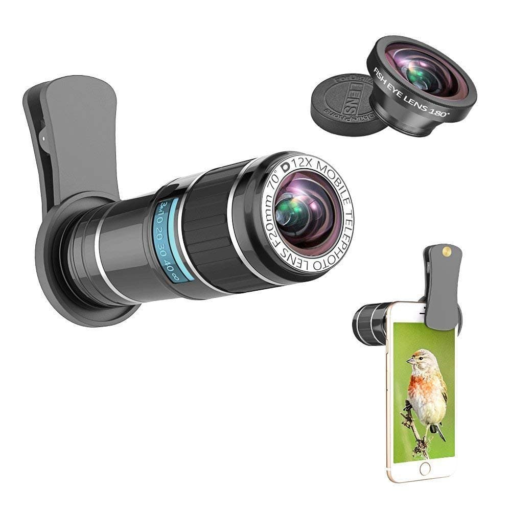 Cell Phone Telephoto Lens, ARORY 2 in 1 iPhone Lens Kit - 12X Telephoto Lens + Fisheye Lens, Universal Clip-On Cell Phone Lens for iPhone 8, 8 Plus, 7, 7 Plus, 6, 6s, Samsung and Most Smartphone