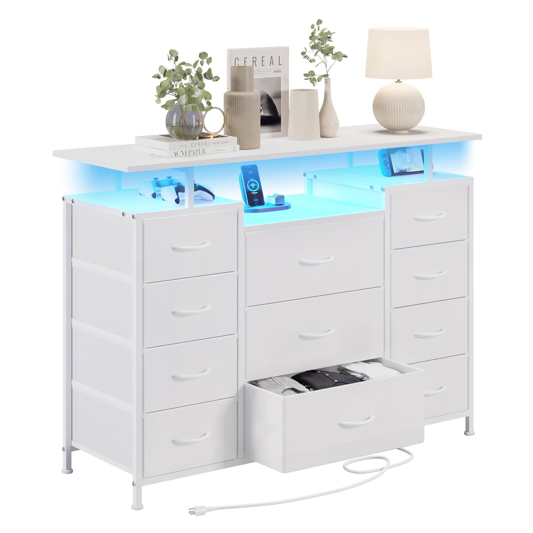 LUMTOK 11 Drawers Dresser with Fabric Drawers,Charging Station, LED Lights and Shelves for Bedroom Storage Organization
