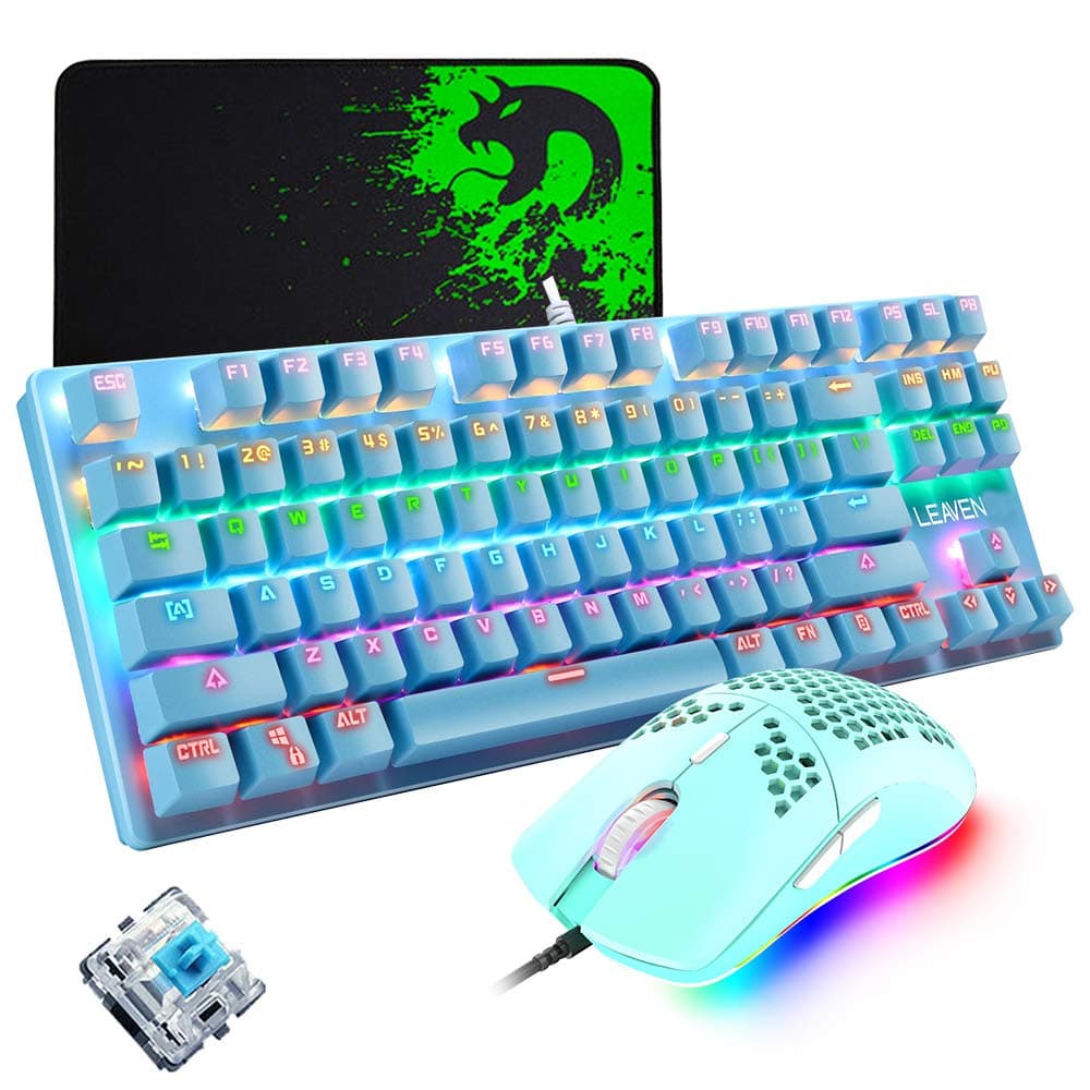 LexonElec RK-550 Gaming Keyboard and Mouse with Mousepad, TKL Keyboard G-pro Mouse O Model Ultra -light honeycomb shell, Mechanical Keyboards, Mice & input Devices, Rgb Keyboard Game Mice - Baby Blue