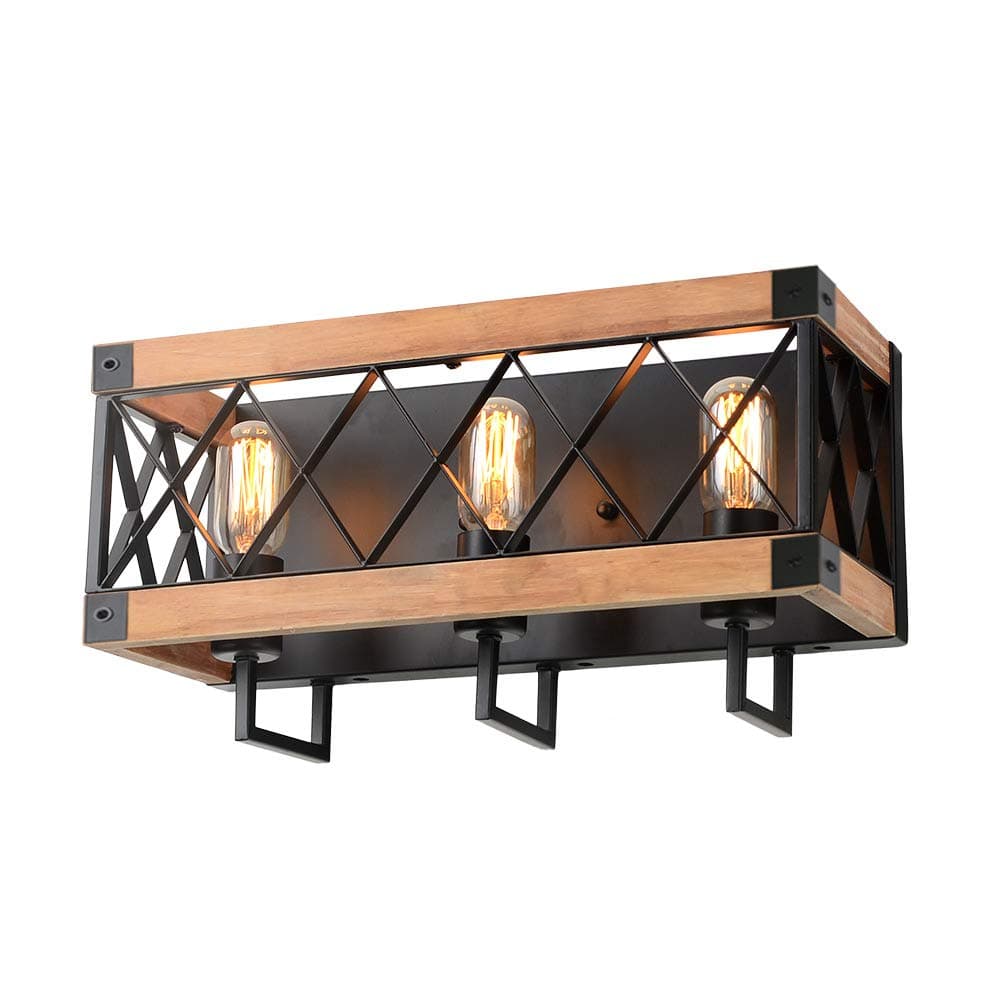 Rustic Wood Wall Lamp with Mesh Cage Industrial Wall Sconce, Retro Bathroom Lamp Log Cabin Home Vintage Edison Sconce Light Fixture 3-Lights, Brown (W0059)