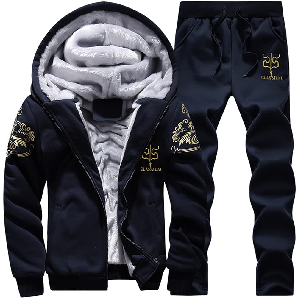 MANTORS Men's Tracksuit Winter Soft Hooded Fleece Sweatsuits Warm Pullover Coats 2 Pieces Outfits Set