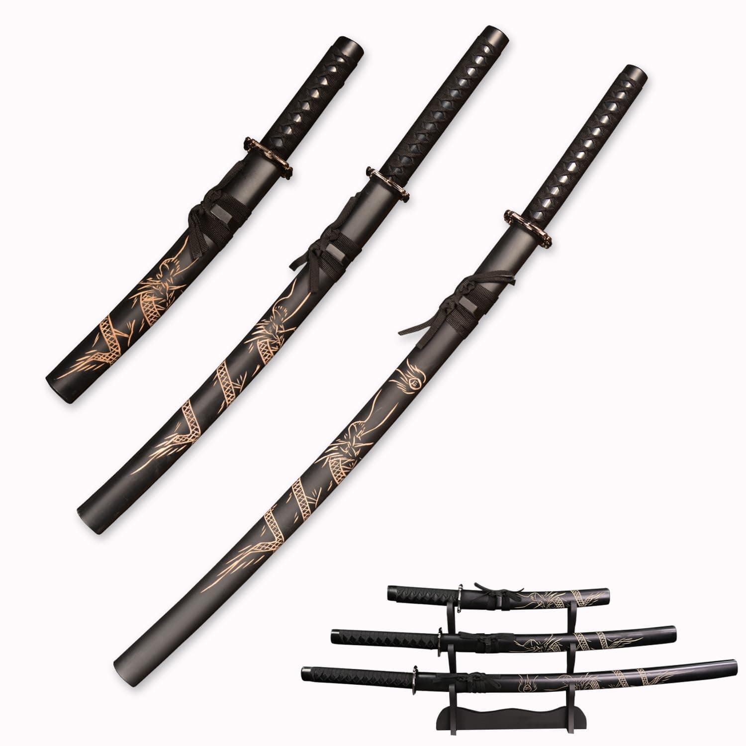 3pc Set Japanese Samurai Sword with Display Stand,Iaido Katana Carbon Steel Blade Real Sword for Display Decoration and Gift