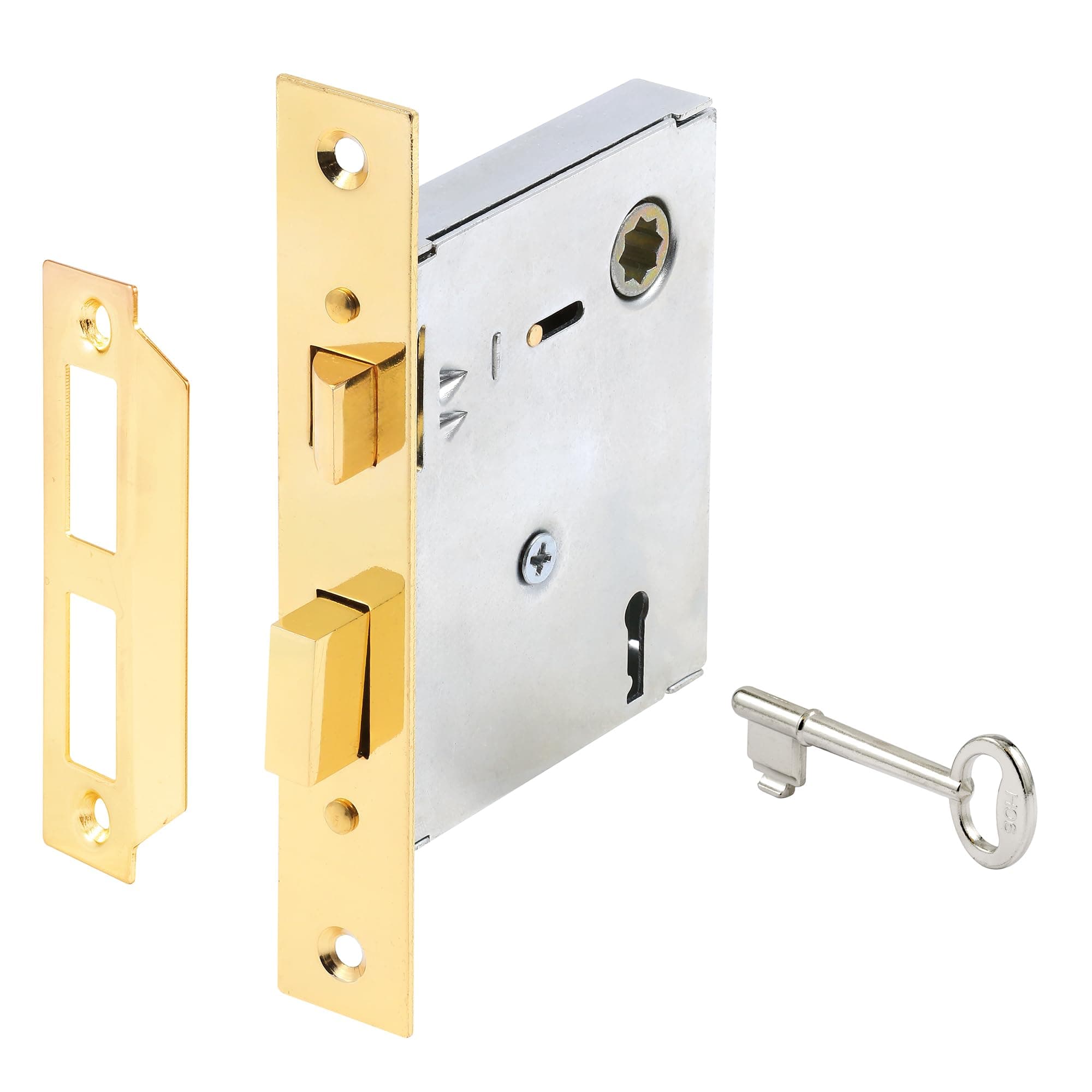 Prime-Line E 2294 Vintage Style Indoor Mortise Lock Assembly Kit – Cast Steel, Brass Plated Finish, Antique Skeleton Key – Backset, 1/4” Max Square Spindle - Reversible Latch Bolt (Single Pack)