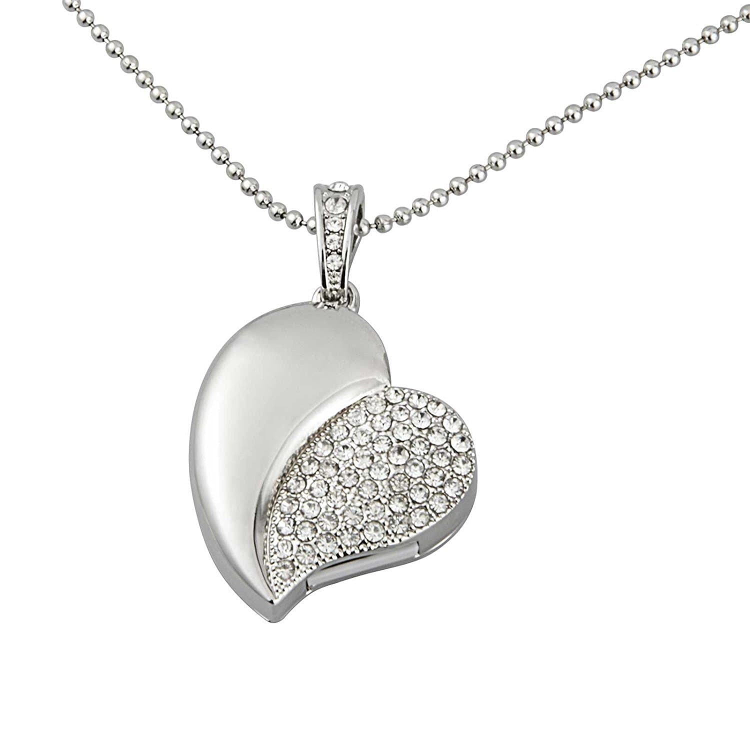 Shooo 32GB Crystal Asymmetric Heart Shape Jewelry USB Flash Memory Drive with Necklace,Silver