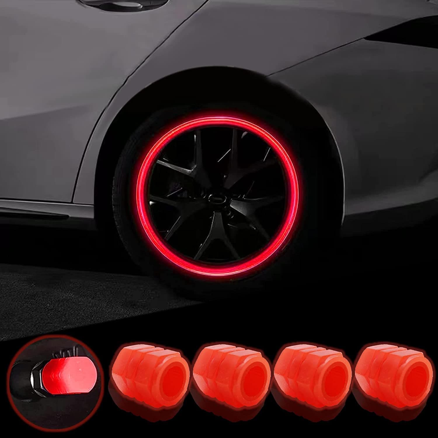 MeeTo Tire Valve Stem Caps Universal for Car, Bikes, Trucks, Luminous Fluorescent Glow in The Dark Air Cover, Tire Pressure Radium Caps, Modification & Decoration Accessories, Orange Color,(Pack Of 4)