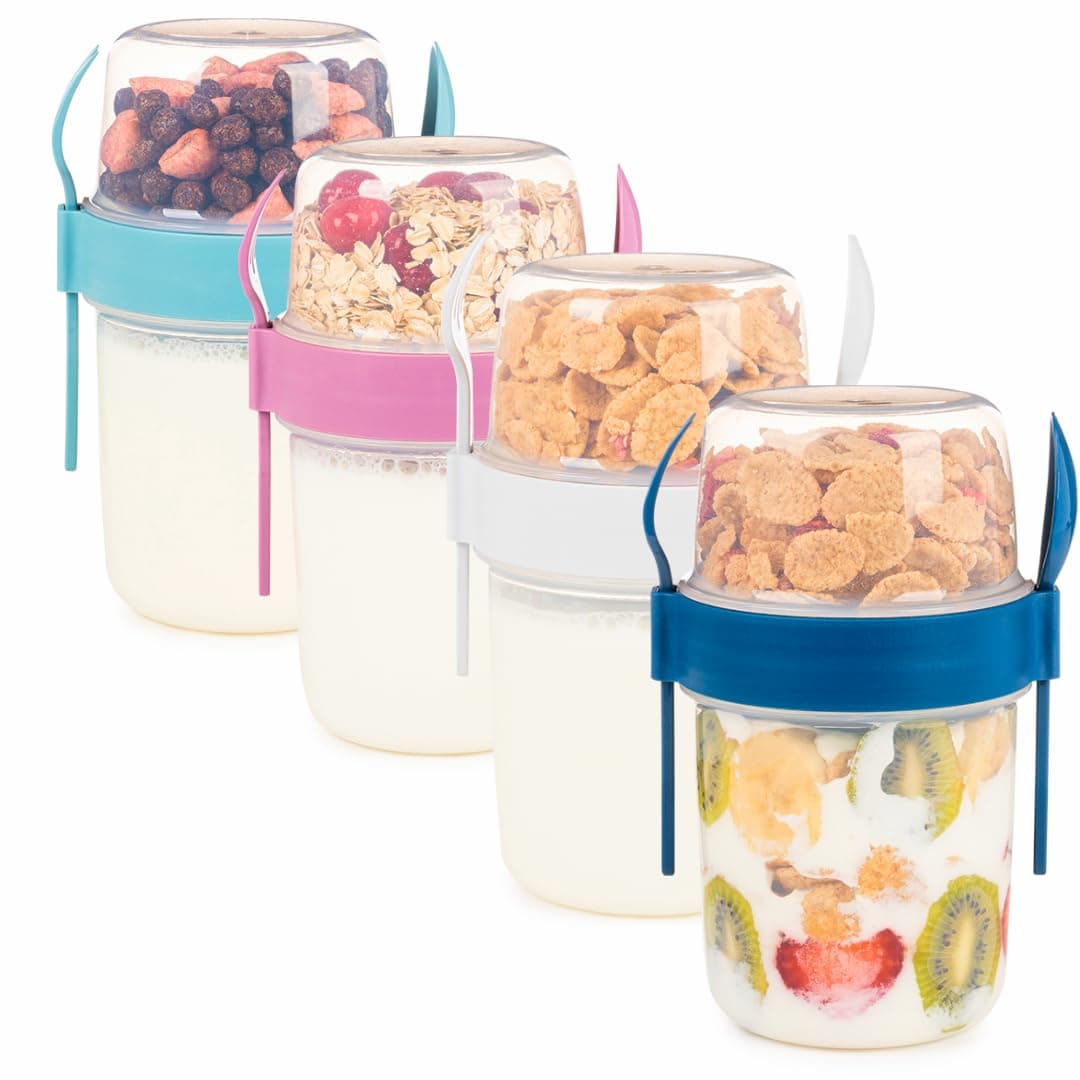 EYNEL 4 Pack Breakfast 22 oz On The Go Cups with Lids and Spoon, Reusable Cereal Yogurt Cup with Topping Plastic Overnight Oats Container for Granola Oatmeal (22 oz - 4 Pack)