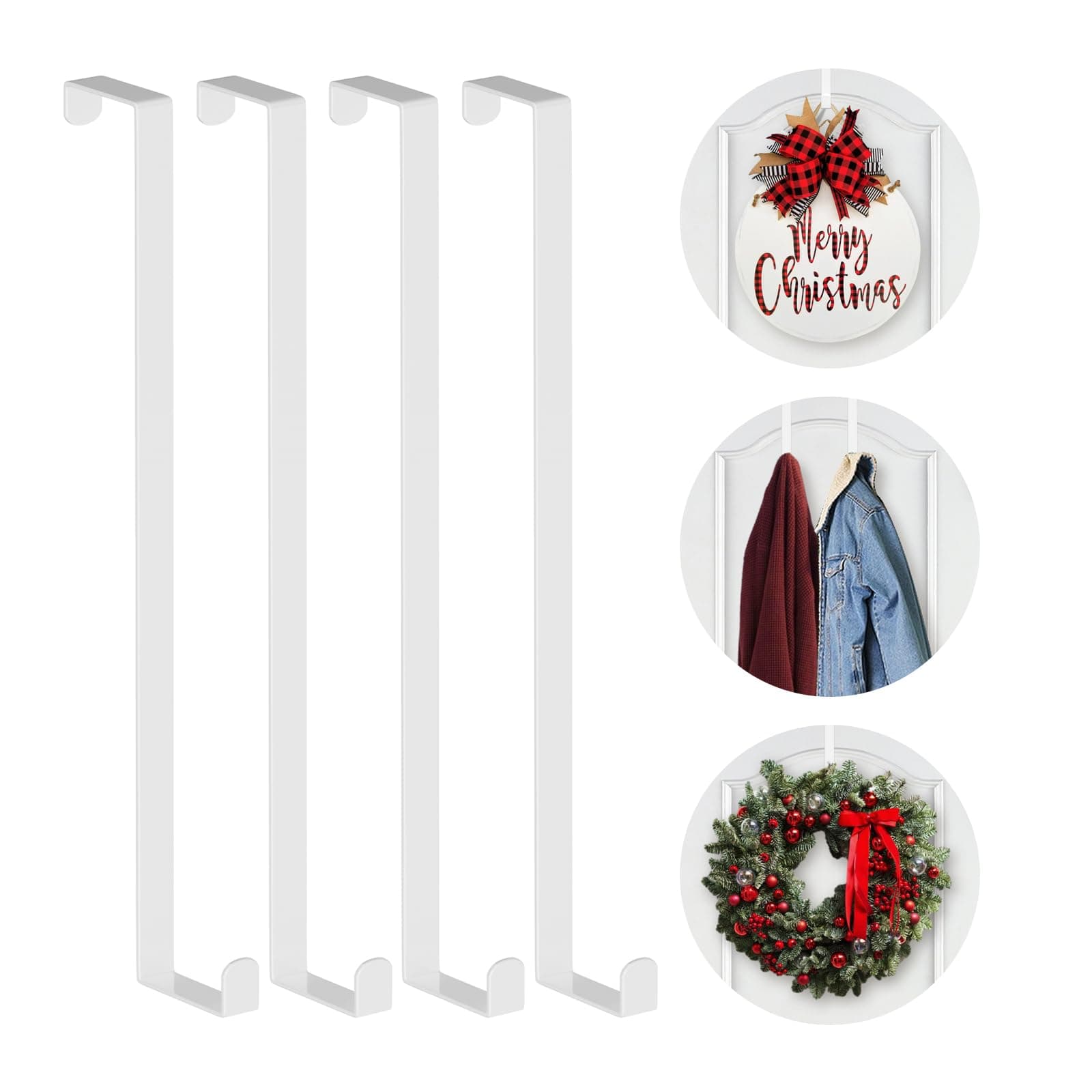 14" Over The Door Hooks, 4 Pack Widen Wreath Hangers Fit The 1-3/4" & 1-3/8" Door Thicknesses, Z-Shaped Metal Door Hanger Hooks for Hanging Wreaths, Hats,and Clothes (White-4Pack)