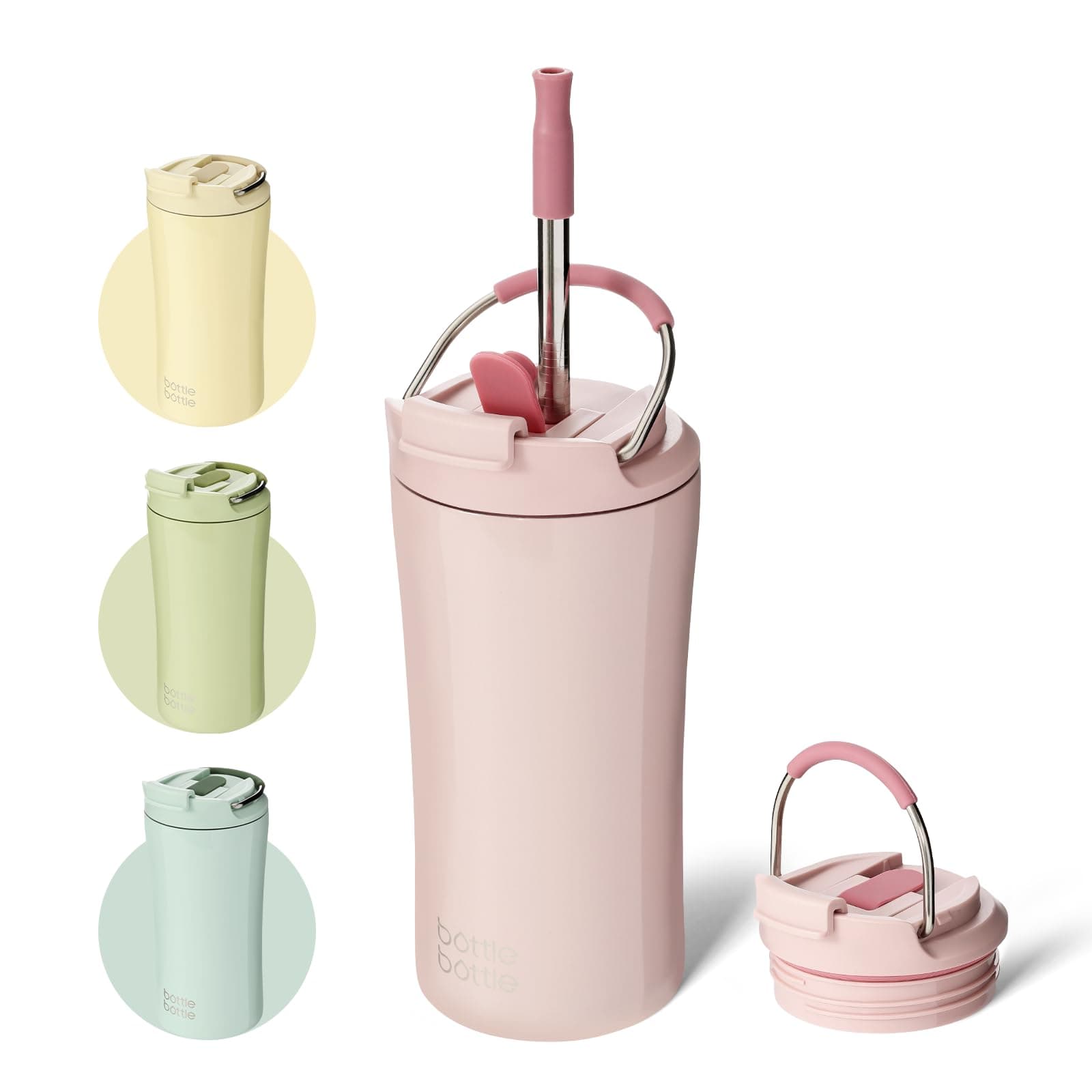 bottlebottleBOTTLE BOTTLE Insulated Coffee Tumblers with Dual-use Lid and Straw Double Walled Iced Travel Coffee Mug for Woman and Man 12oz Stainless Steel Tumbler with Handle（pink）