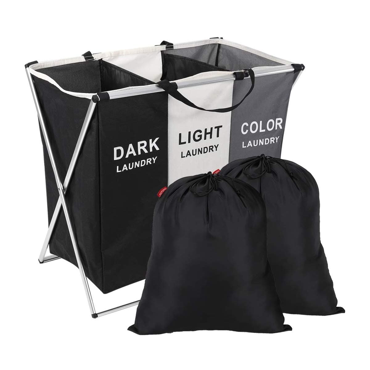 SunGlobal Laundry Basket 3 Sections Laundry Hamper Sorter 135L 26" x 24" x 15" with Foldable Aluminum Frame Multicolor Laundry Sorter and 2PCS 18" x 22" Black Laundry Bags