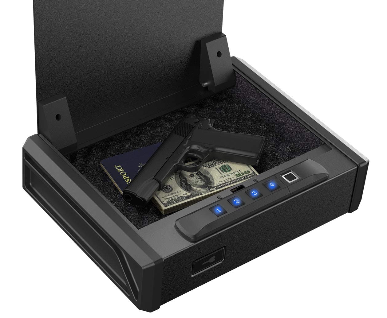 RPNB Gun Safe,California DOJ Certified Quick-Access Pistol Safe for Multiple Handguns&Ammo with Biometric Fingerprint Lock or RFID Lock, Auto-Open Lid Safety Device for 2 Guns