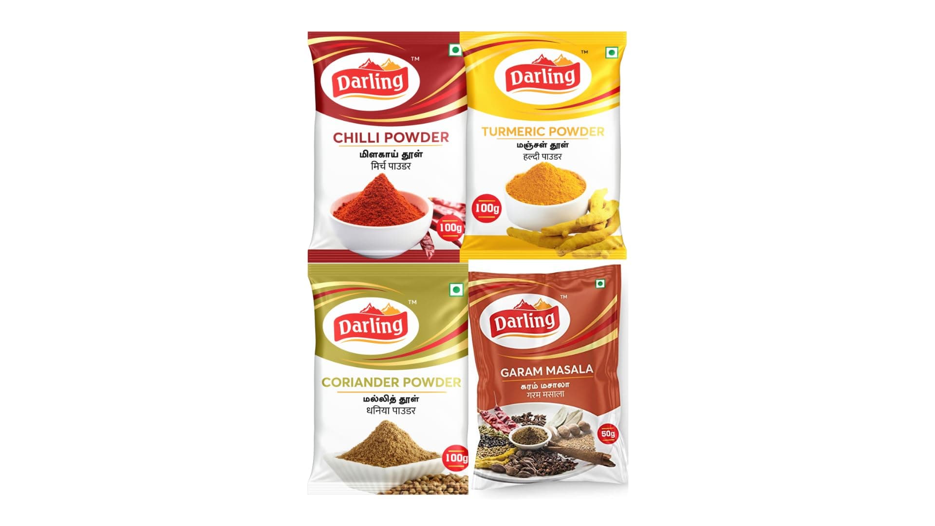 Darling Masala Combo - Chilli Powder 200g (Pack of 2, 100g) + Turmeric Powder 200g (Pack of 2, Each 100g) + Coriander Powder 200g (Pack of 2, Each 100g) + Garam Masala 50g