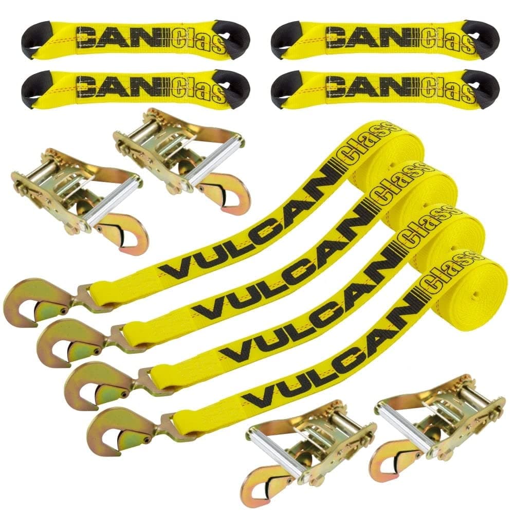 VULCAN8-Point Roll Back Vehicle Tie Down Kit with Snap Hooks on Both Ends - Set of 4 - Classic Yellow
