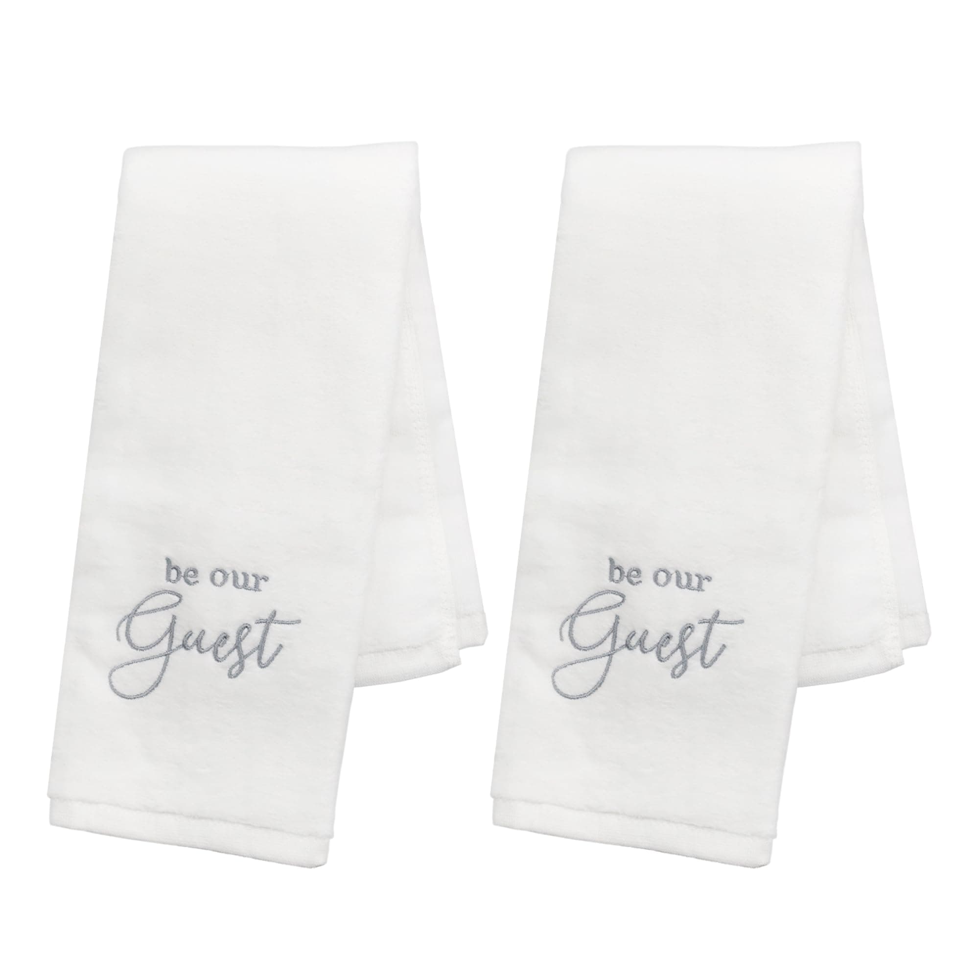 AuldHome Design Guest Towels (Set of 2, White); Be Our Guest Monogrammed Hand Towels, White with Gray Script