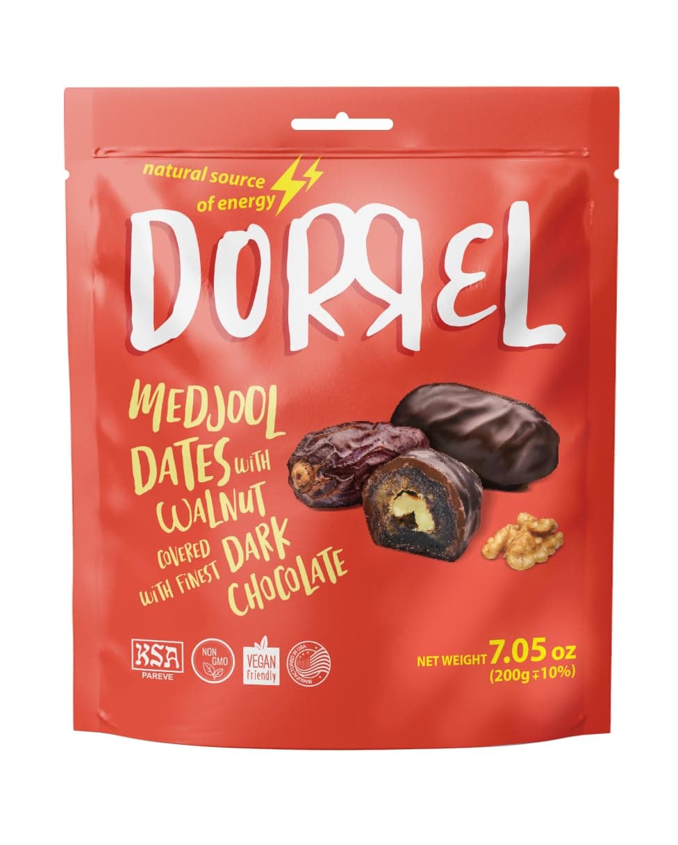 Belgian Dark Chocolate Covered Dates (Medjool) with Walnuts Stuffing, High Energy Vegan Choco Snack, Delicious, Kosher & Non-GMO, Pack of 1 Stuffed Chocolate Dates, 7.05 oz / 200 g Ea