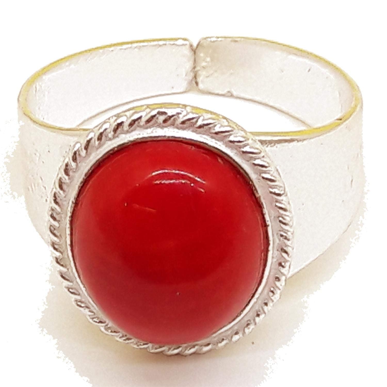 The Coral Red Coral Ring 10 x 12 mm. Silver Filigree Edge and Open Band