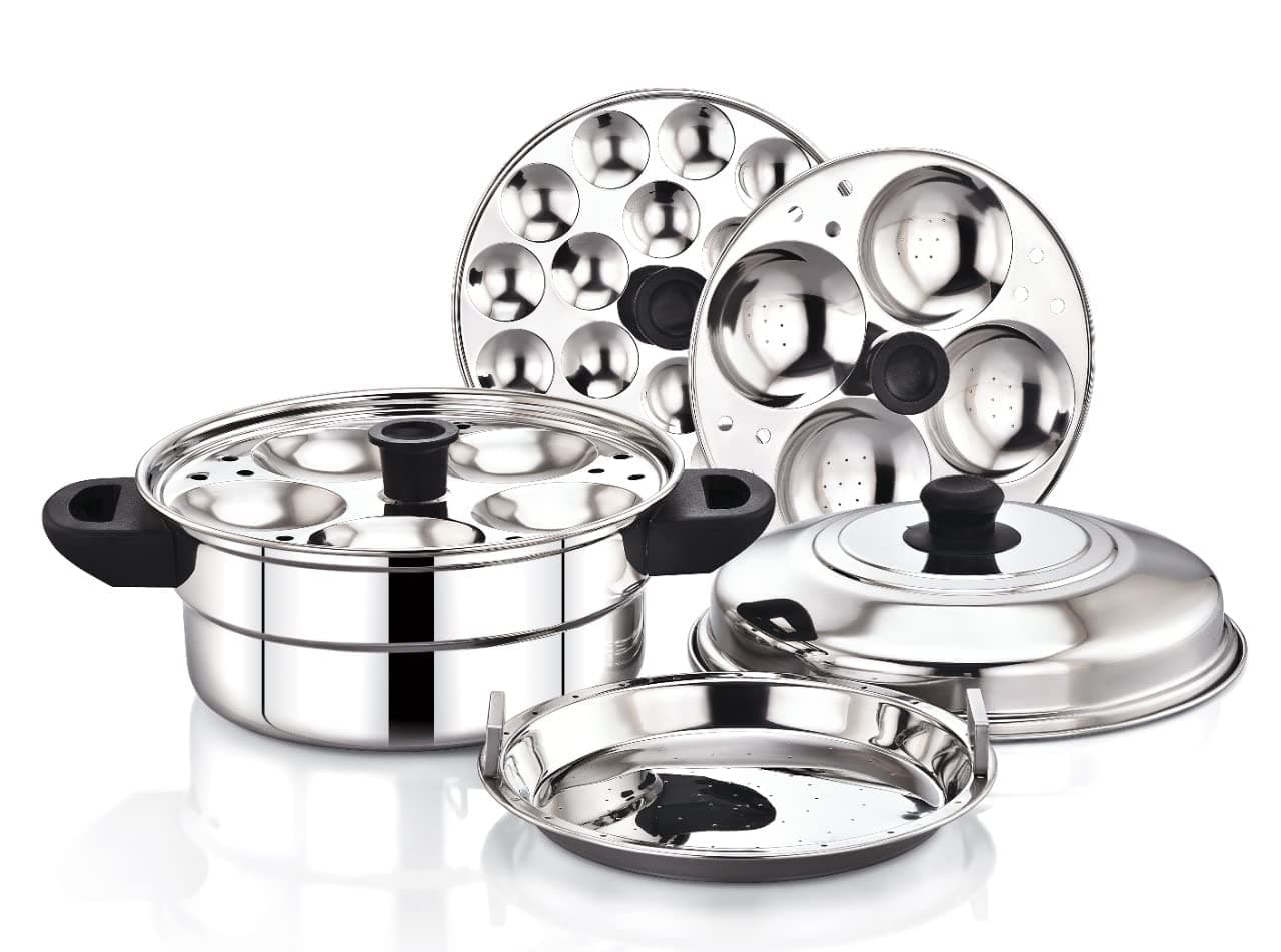 Hometronics Stainless Steel Multi Steamer Pot (2 Idli Plates/9 Idlis, 1 Mini Idli Plate/15 Mini Idlis and 1 Multi-Purpose Steamer/Idiyappam Steamer Plate)(9 idli)