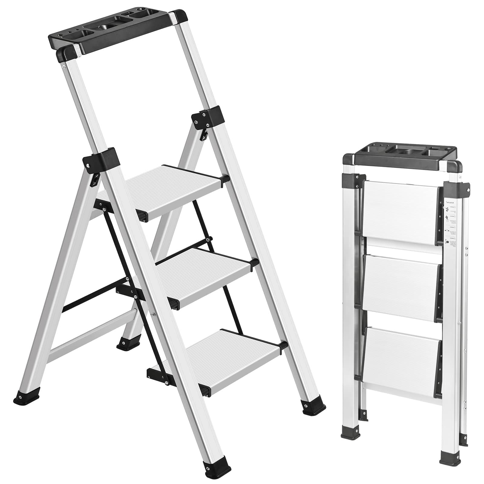 XinSunho 3 Step Ladder, Retractable Handgrip Folding Step Stool Ladders with Anti-Slip Wide Pedal, Aluminum 3 Steps, 330lbs Safety Household Ladder