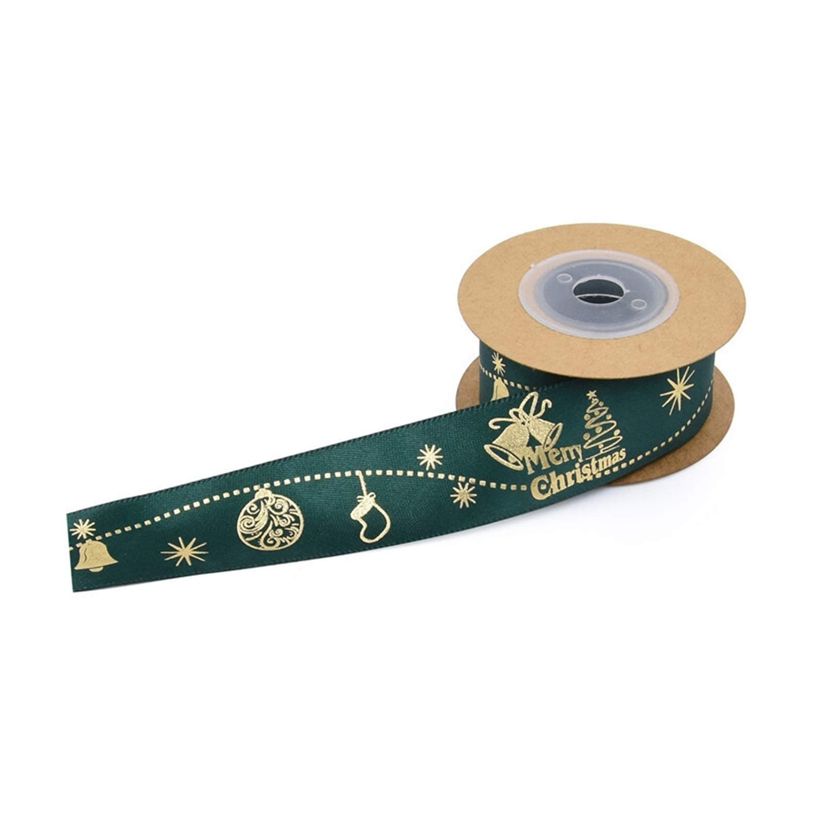 DUO ER 25mm*5yards Satin Ribbon Foam and Tang Printing Small Jingle Bell and Snowflake for Christmas Crafts Silk Bow Gift Wrapping (Color : B green)