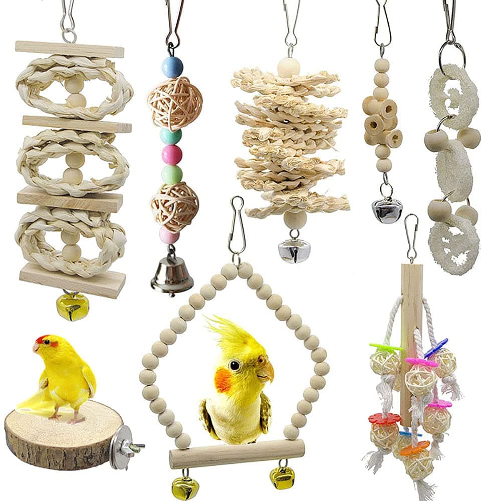 NeoStyle (8 Packs) of Bird Parrot Swing Chewing Toys,Natural Wood bird cage accessories,Suitable for Small Parakeets, Cockatiels, Conures, Finches,Budgie,Macaws, Parrots, Love Birds