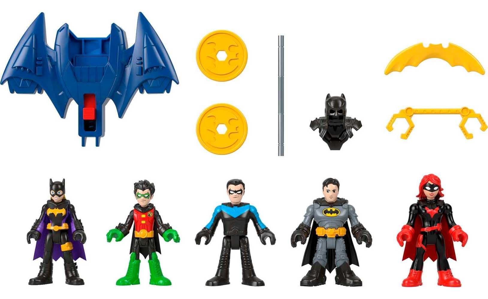 Imaginext DC Super Friends Batman Toys, Family Multipack for Preschool Kids with 5 Poseable Figures and 7 Pretend Play Accessories, HML03, Multicolor