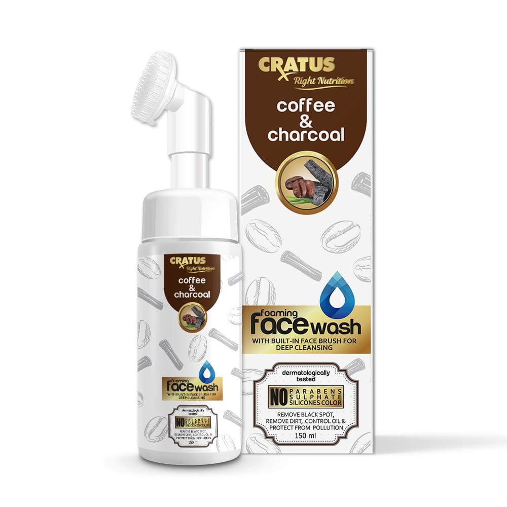 Cratus Brightening Coffee & Charcoal Foaming Face wash Built–in Face Brush for deep Cleansing – Remove Dark Circles & Acne, Anti-Aging Properties - No Parabens, Sulphate, Silicone Color – 150ml