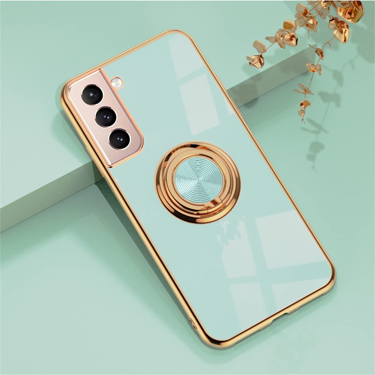 EYZUTAKEYZUTAK Electroplated Magnetic Ring Holder Case for Samsung Galaxy S21 5G, 360 Degree with Rotation Metal Finger Ring Holder Magnet Car Holder Soft Silicone Shockproof Protective Cover - Mint Green